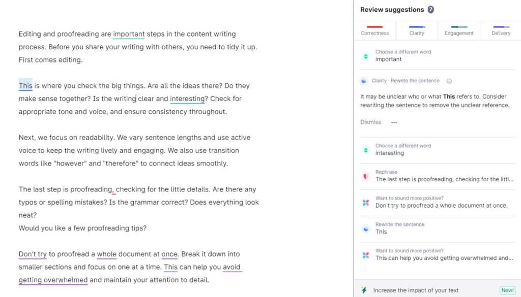 Editing content using Grammarly