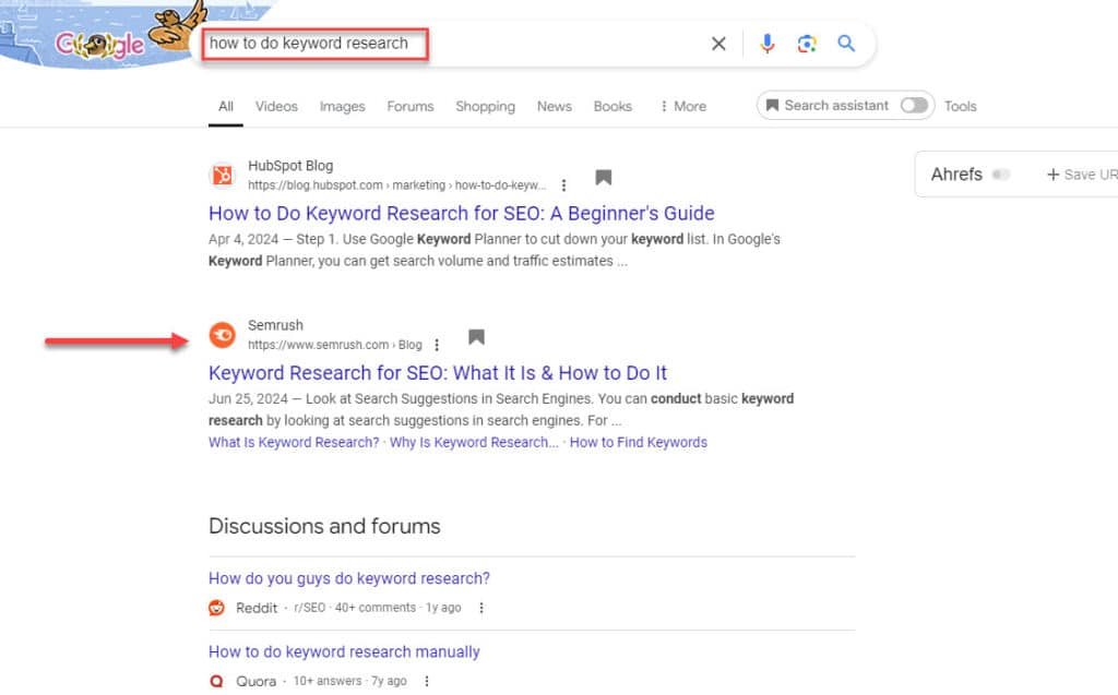 Semrush example using SEO blog post writing