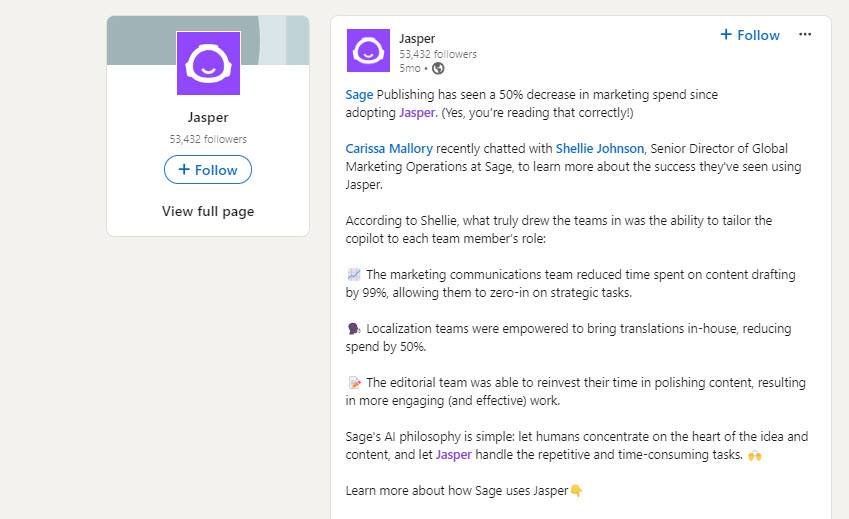 Jasper AI Case Study Publication on LinkedIn