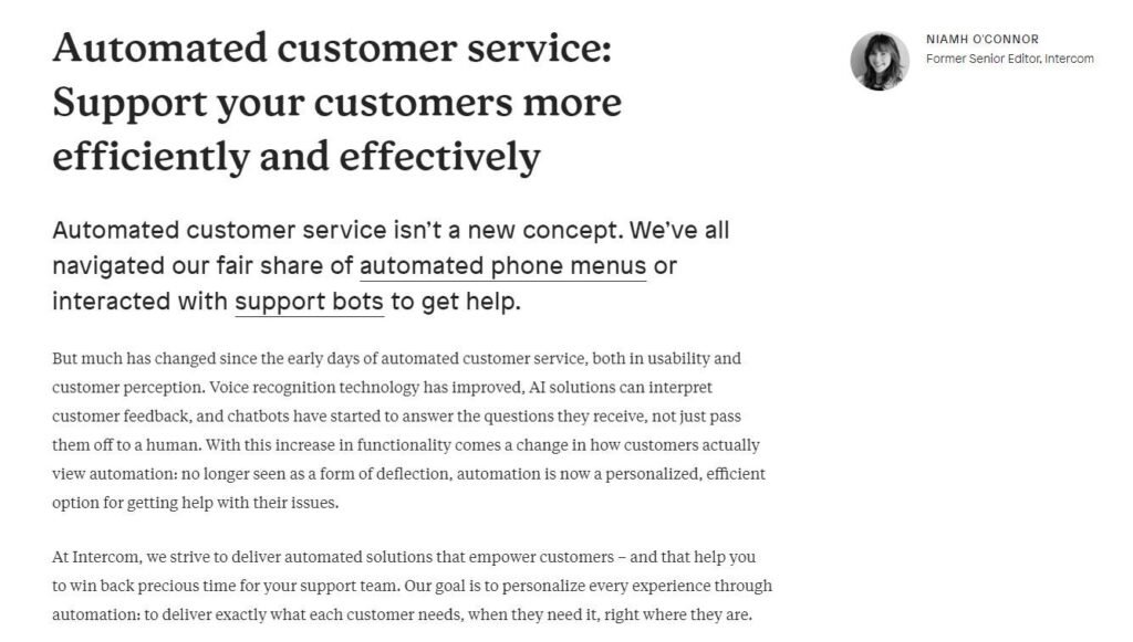 article about automated customer service on Intercom website