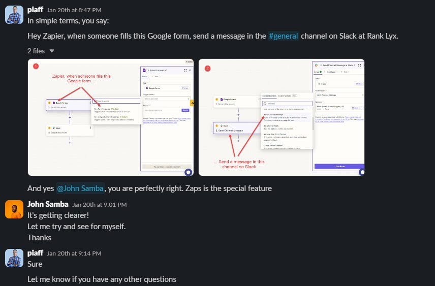 conversation between Rank Lyx employees on Slack