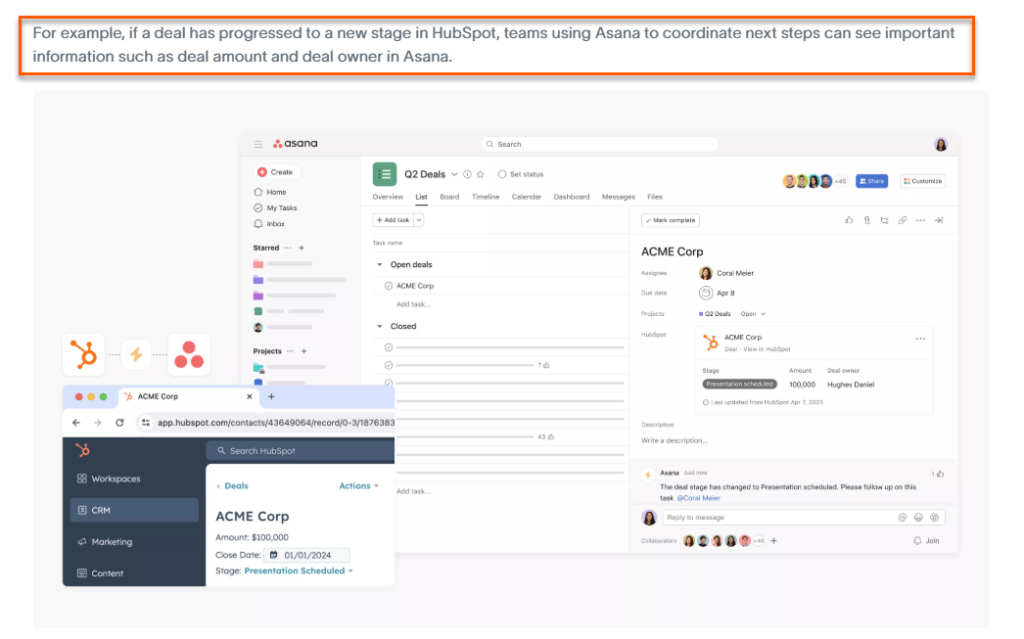 example of integration page about asana and hubspot