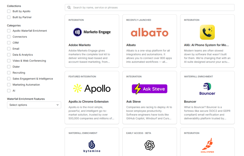 integration page on apollo.io